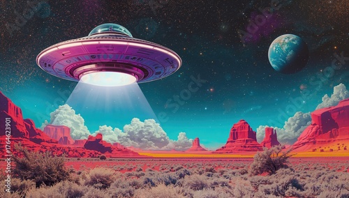 Artistic pop art photo edit blending retro vibes with surreal and satirical themes, showcasing cosmic scenes and UFO imagery