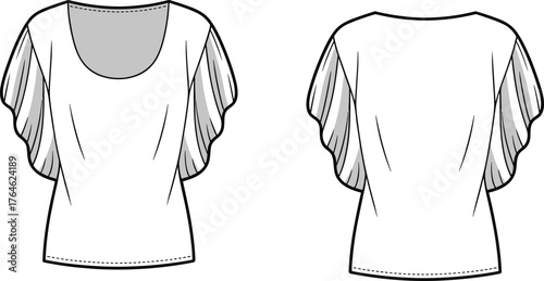 Women flutter sleeve top cad drawing flat vector illustration, fashion technical sketch, blouse template design, garment flat vector, clothing illustration
