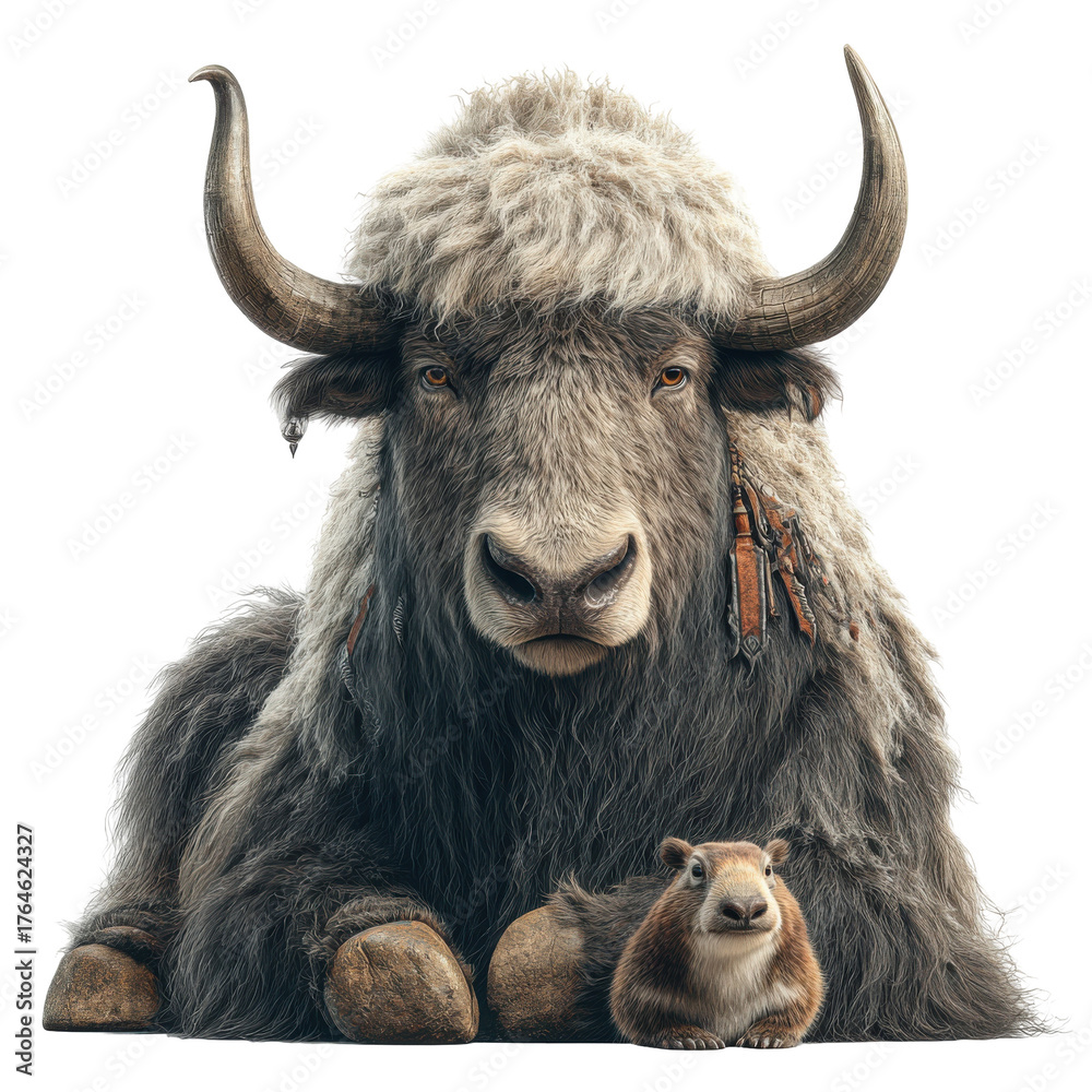 Naklejka premium Majestic bull resting peacefully with a small bird nearby on a transparent background for creative projects and designs