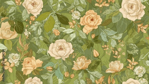 Fototapeta Naklejka Na Ścianę i Meble -  Continuous pattern of roses on a verdant background