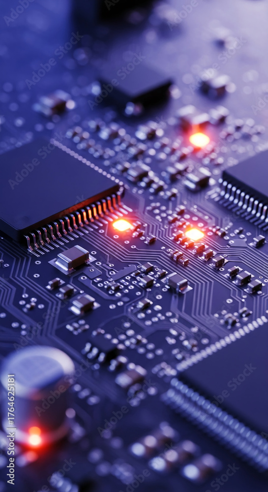 Obraz premium Close-up of illuminated circuit board, showcasing intricate electronic components and glowing elements, representing technological advancement and innovation