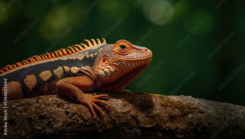 Fototapeta premium Detailed close-up of a vibrant orange and black lizard perched on a tree limb, highlighting its rough scales and pointed claws