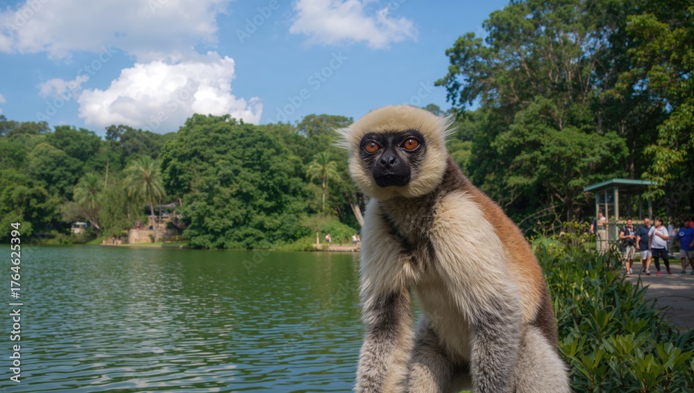 Obraz premium Lemur perched near a water body in captivity