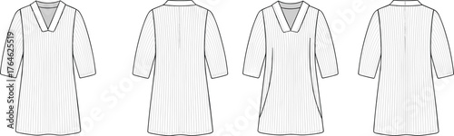 Striped v neck tunic dress cad drawing flat vector illustration, women fashion technical flat, long sleeve top design template