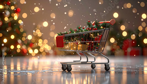 Festive shopping cart filled with Christmas decorations, surrounded by glowing holiday lights