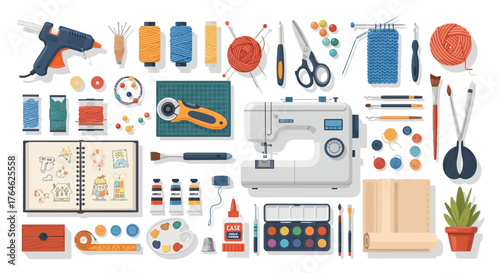 Assorted Sewing and Crafting Supplies Arranged in a Flat Lay Composition