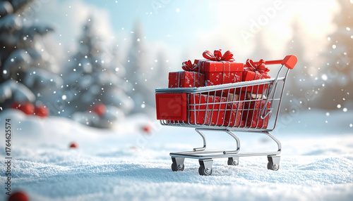 Shopping cart filled with red gift boxes in snowy landscape, surrounded by snowflakes and trees, creating festive holiday atmosphere