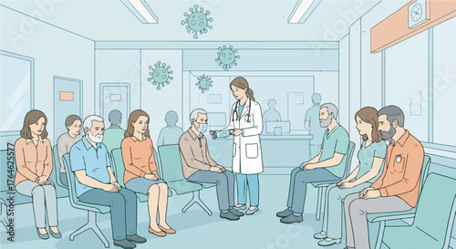 Printillustration of a clinic scene with doctors giving masks, patients waiting, and virus icons floating in the air