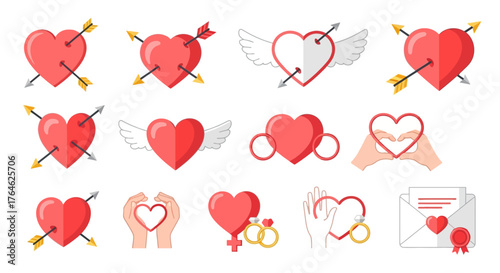 Collection of Heart Icons Representing Love, Romance, Marriage, and Relationships