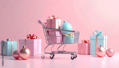 Shopping cart filled with pastel gift boxes and ornaments on pink background, surrounded by more presents and baubles