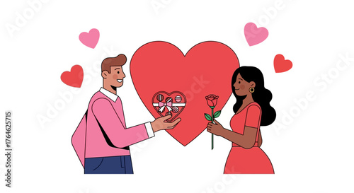 Couple exchanging gifts and a rose to celebrate love and romance