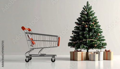 Shopping cart and decorated Christmas tree with gifts create festive holiday atmosphere