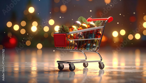 Shopping cart filled with festive Christmas ornaments and pine branches stands against blurred background of warm holiday lights