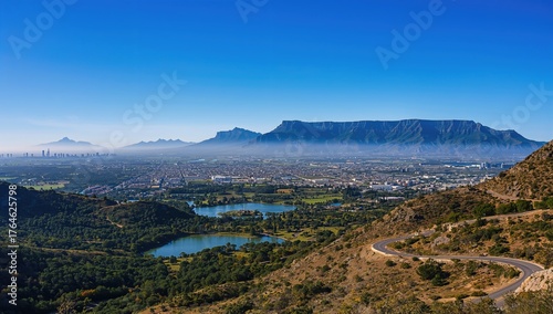 Looking eastward from a mountain summit over a cityscape featuring an industrial area and a distant town, with a roadway visible in the front