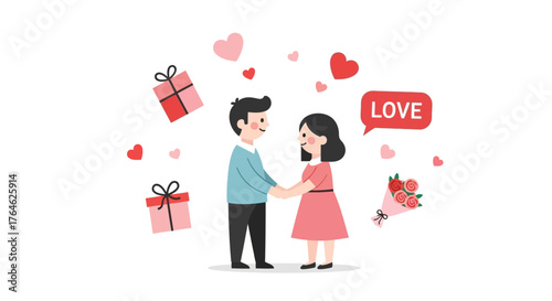 Couple in love holding hands surrounded by hearts and gifts, celebrating romantic moments