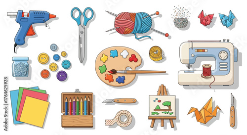Diverse Collection of Crafting Supplies and Art Tools for Creative Projects