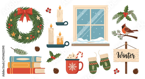 Cozy Winter Holiday Elements Collection with Festive Decorations, Snowy Window, and Warm Drinks
