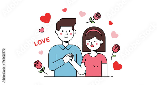 Couple holding hands surrounded by hearts and roses, symbol of love and romance