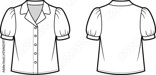 Puff sleeve blouse cad drawing flat vector illustration, women’s button front shirt design, fashion apparel technical sketch template