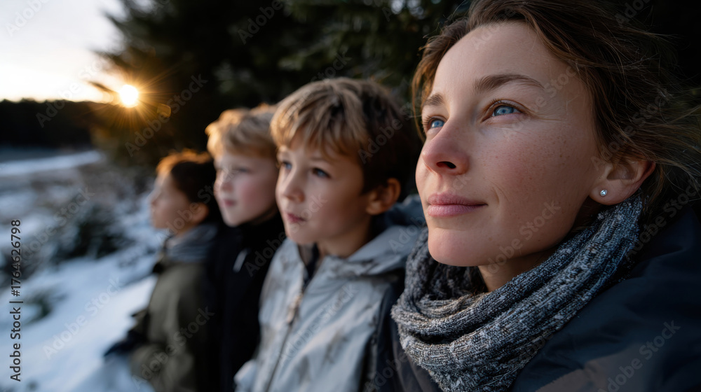 Obraz premium An intimate family moment captured during sunset by a snowy landscape, showcasing the bond between the woman and children as they reflect on nature's beauty.