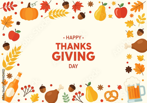 Vector cartoon illustration set with an autumn leaf frame, floral design pattern, and nature for celebrating happy thanksgiving day