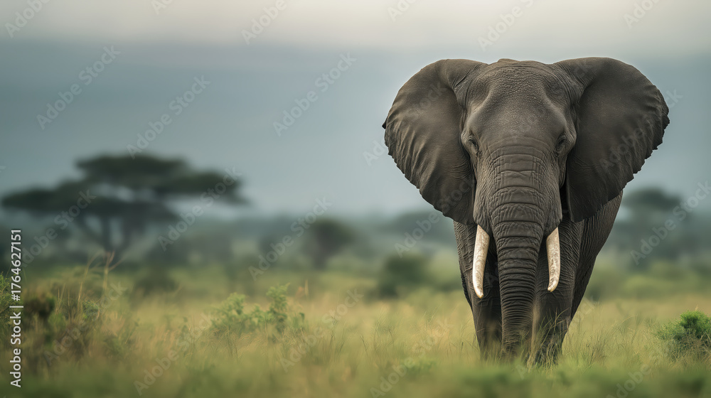 Fototapeta premium Majestic African elephant, with large ears spread wide, strides confidently across the vast, golden savanna under a dramatic sky, embodying the raw beauty and power of wild nature