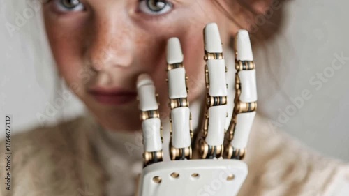 Girl with one real hand and one prosthesis, close-up of hands. Focus on hands of girl with disability. Two hands of woman with bionic hand, artificial limb prosthesis. Loss of limb by a person