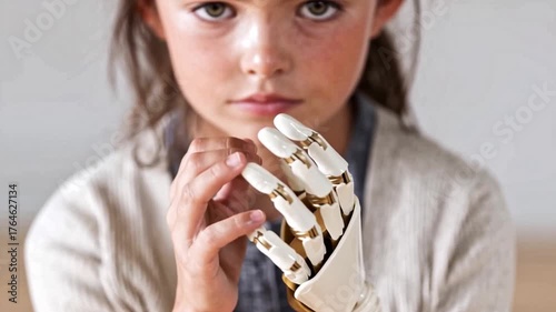 Girl with one real hand and one prosthesis, close-up of hands. Focus on hands of girl with disability. Two hands of woman with bionic hand, artificial limb prosthesis. Loss of limb by a person