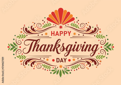 Vintage happy thanksgiving day vector illustration with a festive frame and decorative ornament design