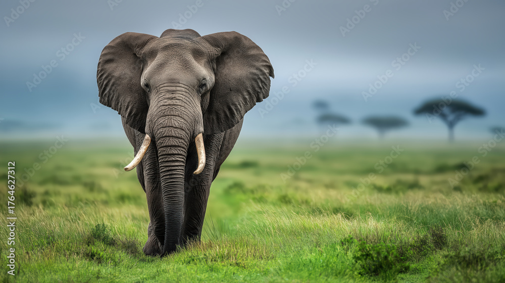 Obraz premium Powerful African elephant with large tusks confidently strides across a vast, foggy green landscape in its natural habitat