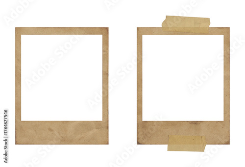 two vintage polaroid photo frames with aged grungy texture and aged tape isolated on transparent background giving an old nostalgic retro photography aesthetic