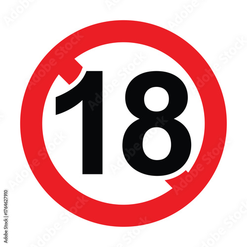 18 plus only icon. Age limit — under 18 years old is forbidden. Circle sign symbol vector illustration. Under 18 sign on white background. Over 18 only, censored. Eighteen and older forbidden sign.
