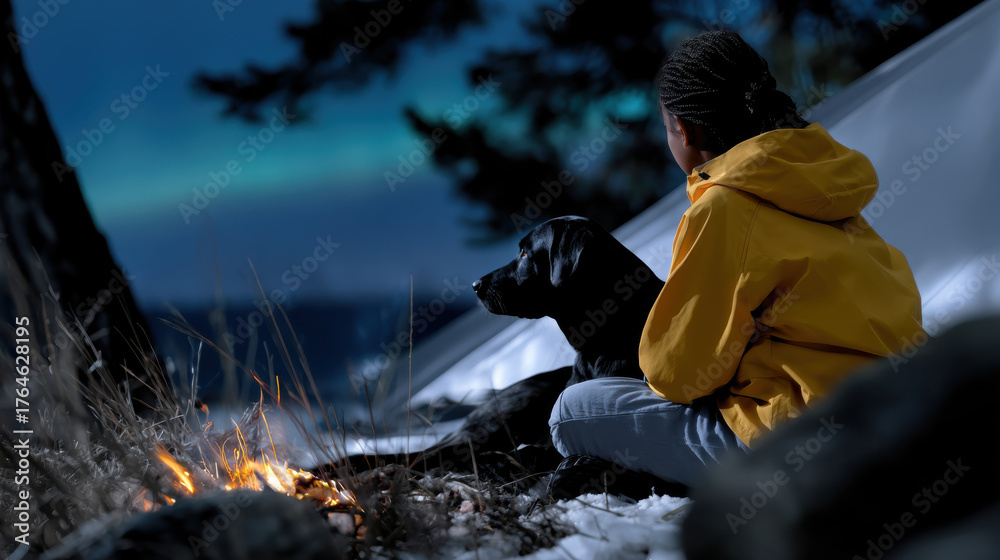 Obraz premium A girl reflects quietly with her loyal black dog next to a campfire in a snowy setting, highlighting the beauty of companionship and peace in nature's embrace.