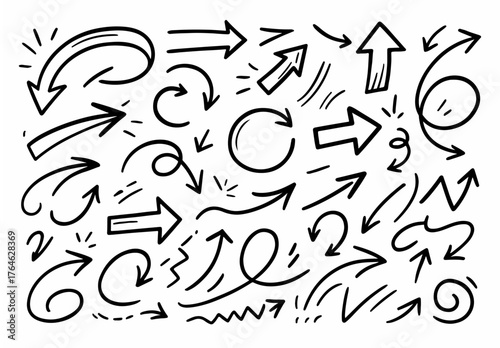 Hand-drawn doodle vector set of Arrows, Motion Lines & Direction Indicators, black outline sketch style, isolated on white background, Ideal for Both Digital and Print Use
