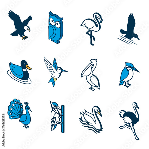 Collection of Bird Illustrations: Eagle Owl Flamingo Duck and More.