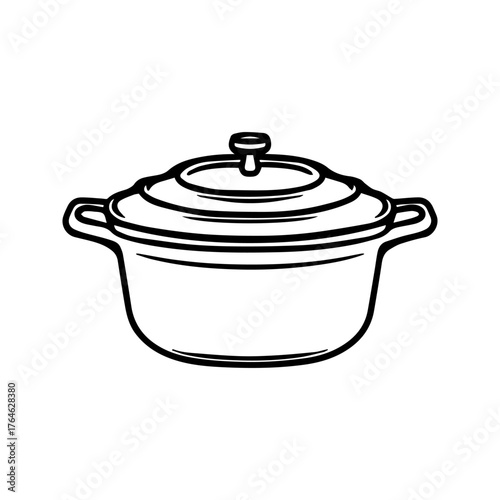 Saucepan with lid. Kitchen utensils. Doodle illustration. Cooking, soups. Black and white graphics for cafes, restaurants, menus.