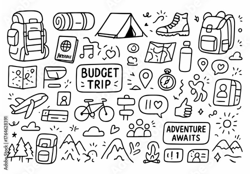 Hand-drawn doodle vector set of backpacking and budget travel elements, black outline sketch style, isolated on white background, Ideal for Both Digital and Print Use
