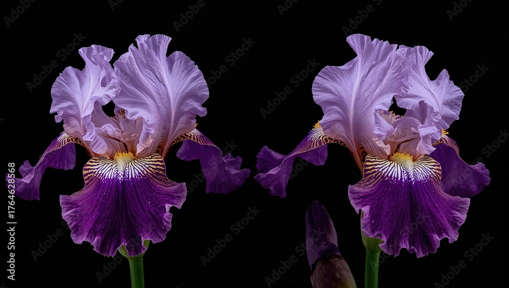 Fototapeta premium Dark backdrop showcasing vibrant purple irises