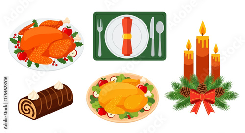 Happy thanksgiving day with delicious food, vector illustration