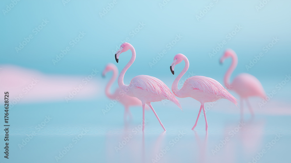 Fototapeta premium Pastel pink flamingos elegantly stride across a serene, tranquil, light blue watery landscape under a soft sky with blurred clouds