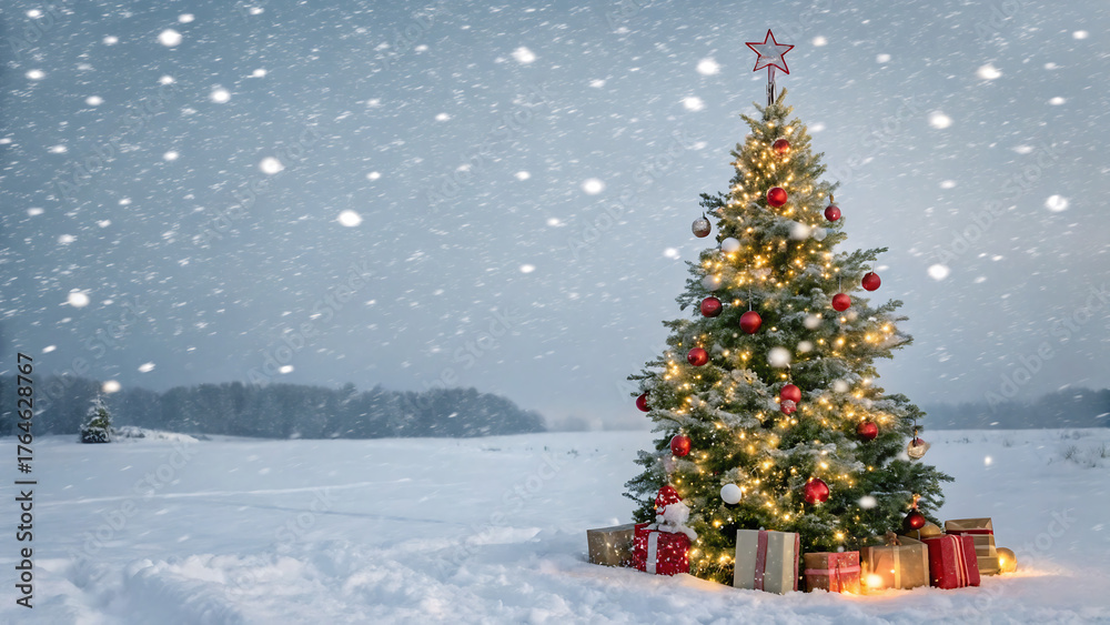 Obraz premium christmas tree with gifts, winter landscape with snow, Snow snowfall snowflakes winter overlay transparent falling background PNG, christmas tree in snow