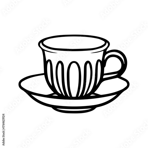 Elegant porcelain tea or coffee cup. Beautiful drinkware. Logo for coffee shop, tearoom, restaurant, or cafe. Doodle illustration for menu design.