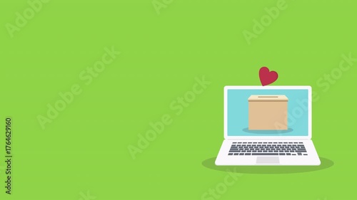 Please donate. Donation box on a laptop computer and a hand holding heart. Donation concept.	