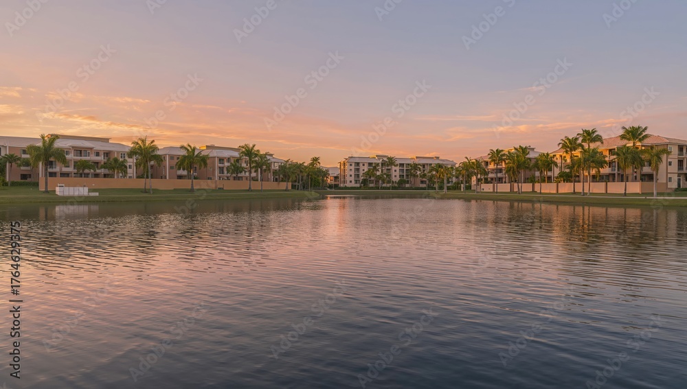 Obraz premium Sunset Reflections Over Lakeside Apartments Amid Trees and Water