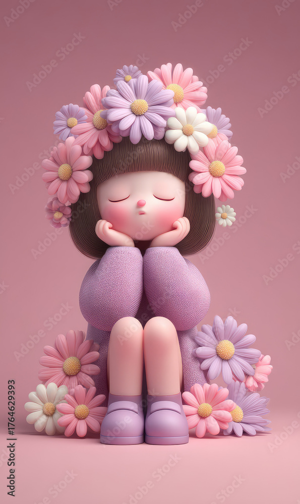 Fototapeta premium Cute Cartoon Style Asian Lady Surrounded by Colorful Flowers in Soft Pastel Design