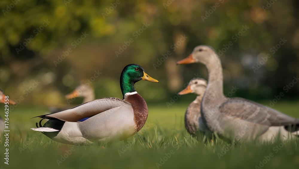 Obraz premium Close-up shot emphasizing a male duck and ducks in their natural habitat.
