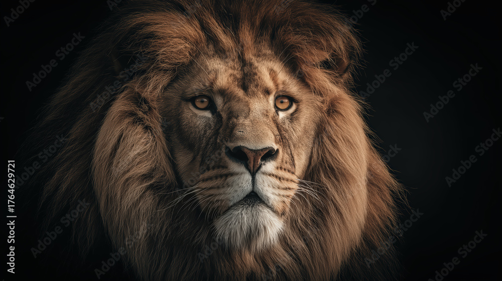 Fototapeta premium Majestic Lion Portrait with Intense Gaze on a Dark Background, Capturing the Fierce Spirit of the King of the Jungle