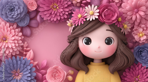 Cute Cartoon Style Lady Surrounded by Colorful Flowers in a Soft Design with a Cozy Aesthetic