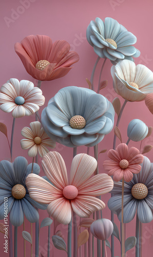 Whimsical Cartoon Style Flowers in Soft Colors on Pink Background for Creative Projects