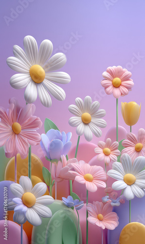 Whimsical Cartoon Style Flowers with Soft Colors and Playful Design in a Dreamy Garden Setting